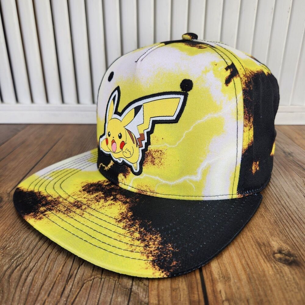 Bioworld Pokemon Pikachu Snapback Hat Yellow Black Lightning Patch Flat Bill Cap